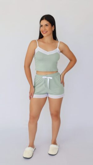 Baby Doll em Malha Ribana com Renda no Short e Blusa